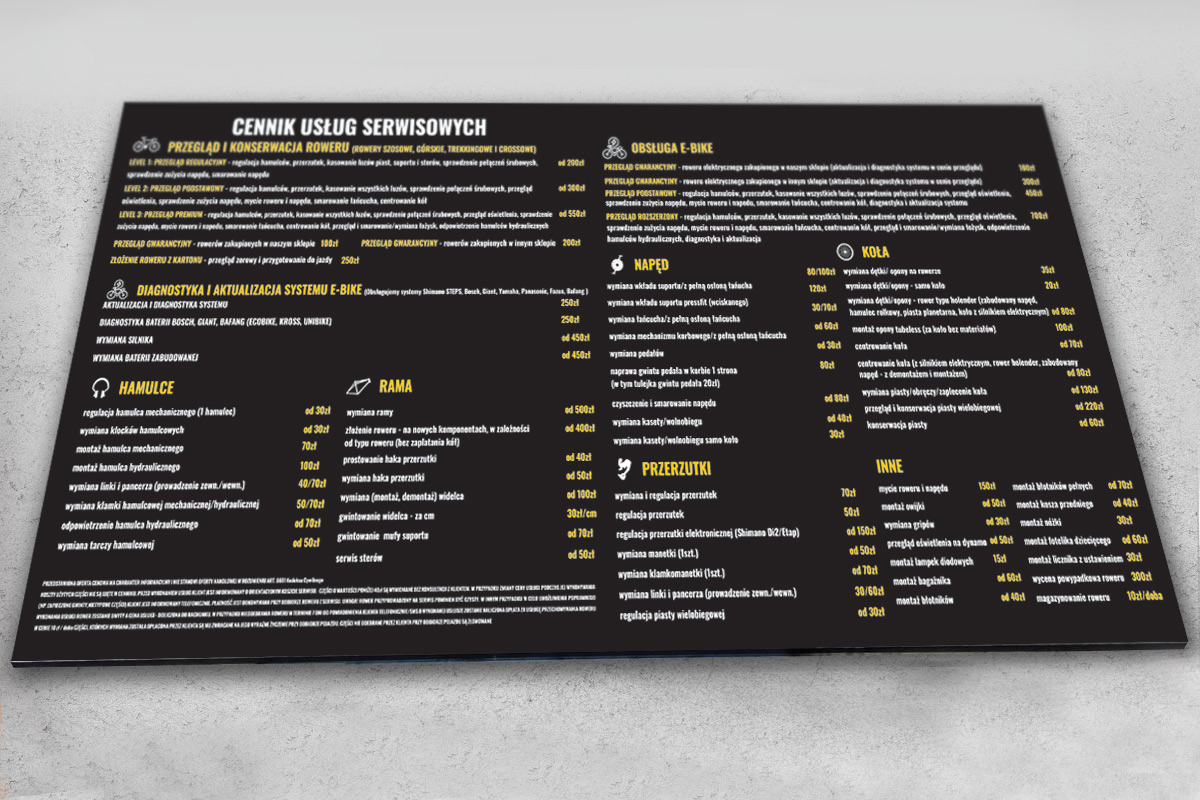 Realizacja cennika, tablicy informacyjnej PRO Sport